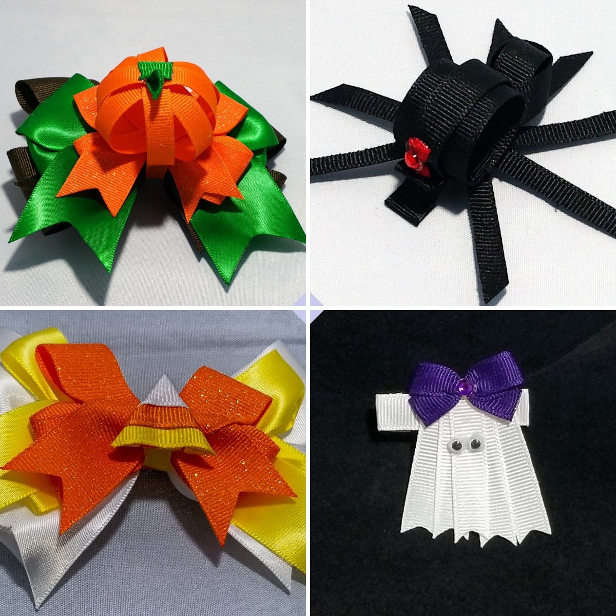 halloween themed hairbows; there is a spider, a pumpkin, candy corn and a ghost